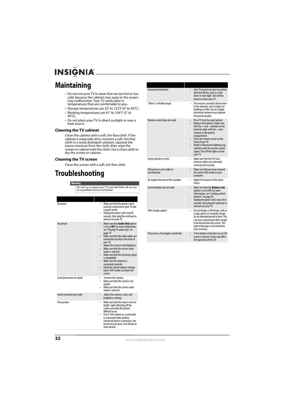 Maintaining, Cleaning the tv cabinet, Cleaning the tv screen | Troubleshooting, Cleaning the tv cabinet cleaning the tv screen | Insignia NS-L32Q09-10A User Manual | Page 36 / 44