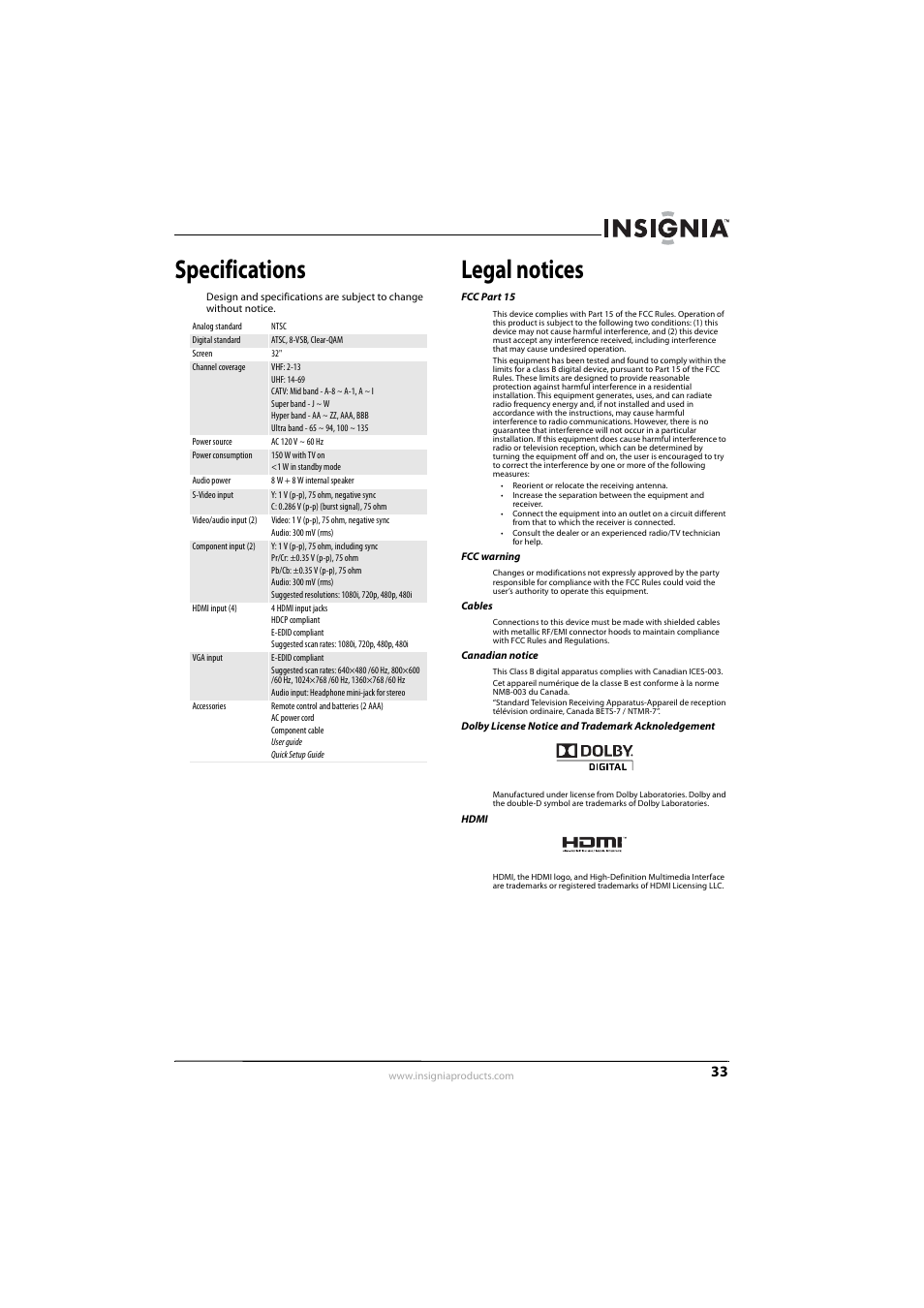 Specifications, Legal notices, Fcc part 15 | Fcc warning, Cables, Canadian notice, Dolby license notice and trademark acknoledgement, Hdmi | Insignia NS-L32Q09-10A User Manual | Page 37 / 44