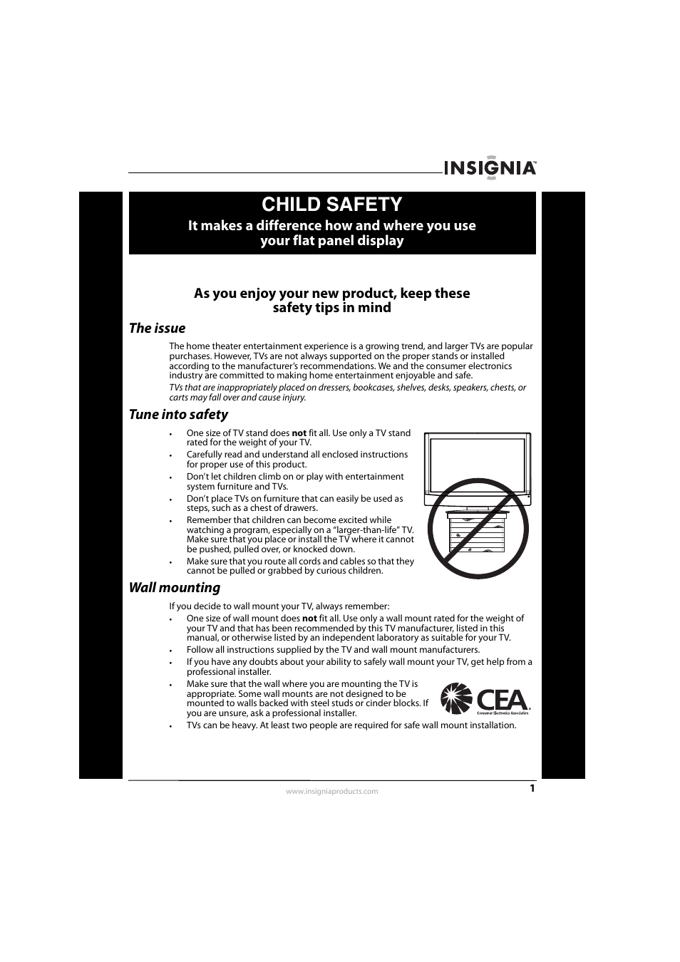 Child safety, Tune into safety, Wall mounting | Insignia NS-L32Q09-10A User Manual | Page 5 / 44