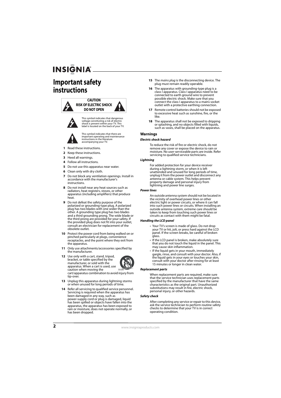 Important safety instructions, Warnings, Electric shock hazard | Lightning, Power lines, Handling the lcd panel, Replacement parts, Safety check | Insignia NS-L32Q09-10A User Manual | Page 6 / 44