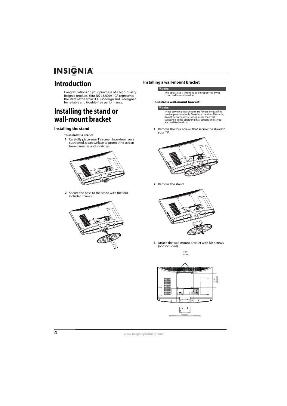 Introduction, Installing the stand or wall-mount bracket, Installing the stand | Installing a wall-mount bracket | Insignia NS-L32Q09-10A User Manual | Page 8 / 44