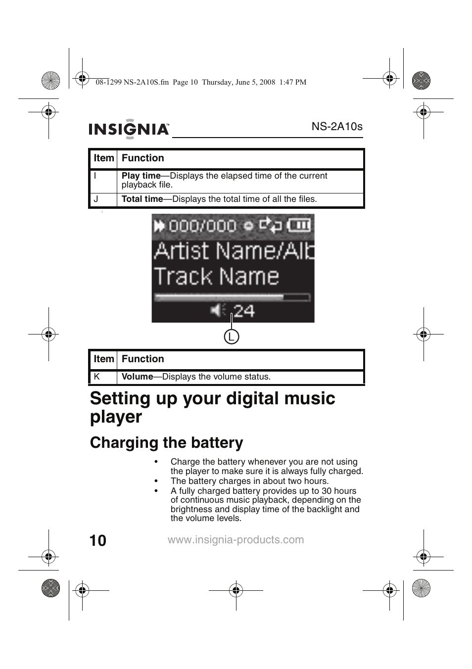 Setting up your digital music player, Charging the battery | Insignia Kix NS-2A10S User Manual | Page 12 / 64