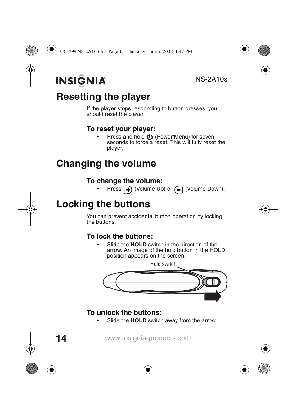 Resetting the player, Changing the volume, Locking the buttons | Insignia Kix NS-2A10S User Manual | Page 16 / 64