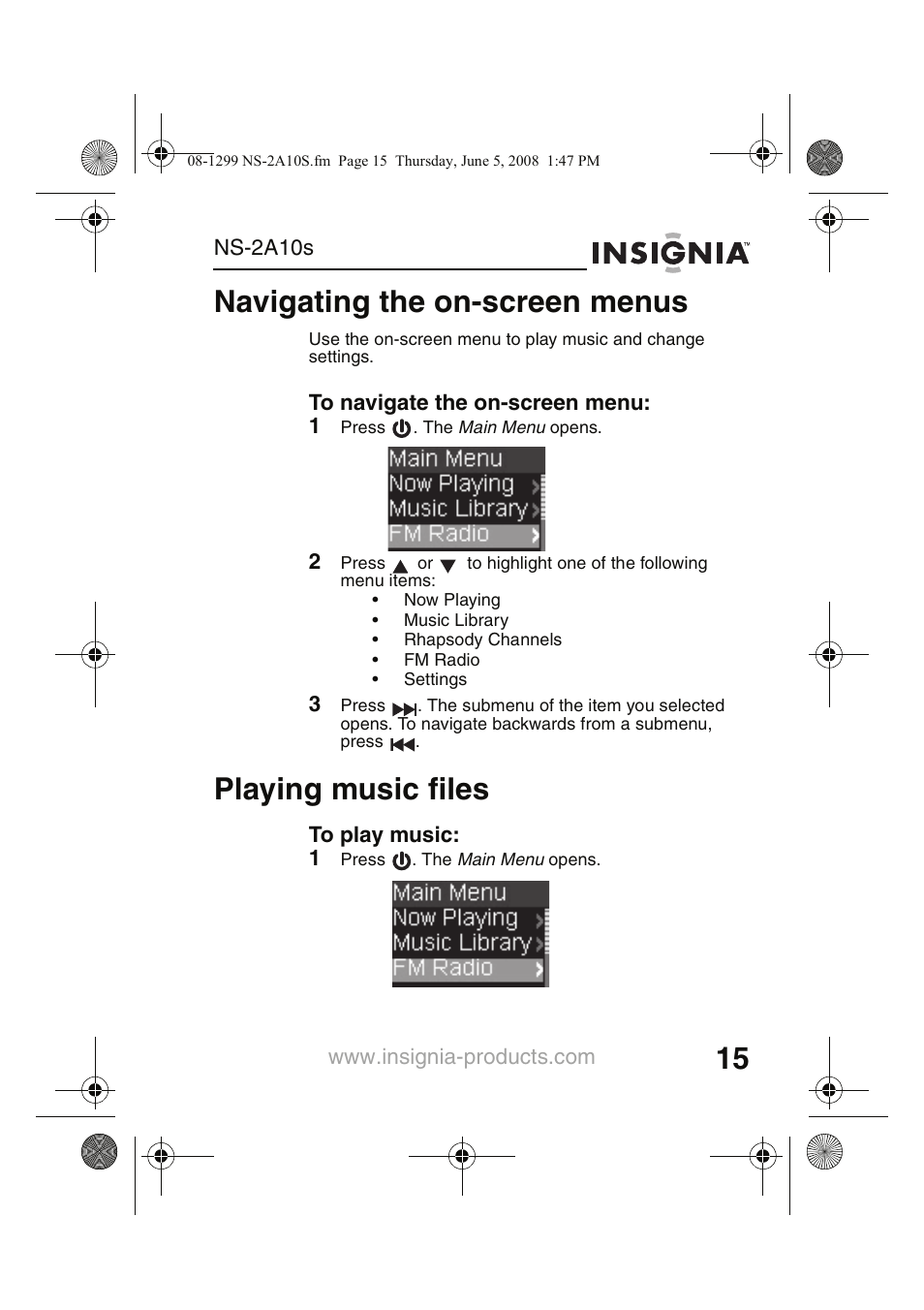 Navigating the on-screen menus, Playing music files | Insignia Kix NS-2A10S User Manual | Page 17 / 64