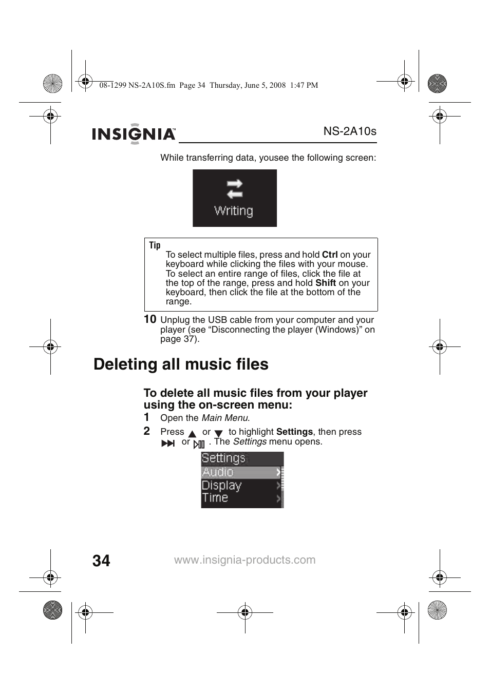 Deleting all music files | Insignia Kix NS-2A10S User Manual | Page 36 / 64