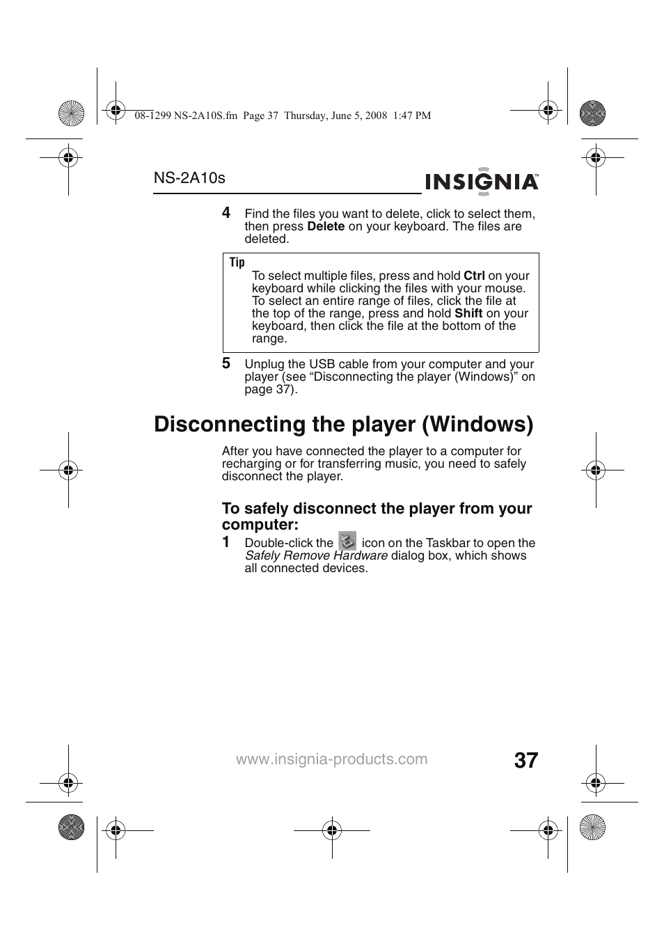 Disconnecting the player (windows) | Insignia Kix NS-2A10S User Manual | Page 39 / 64