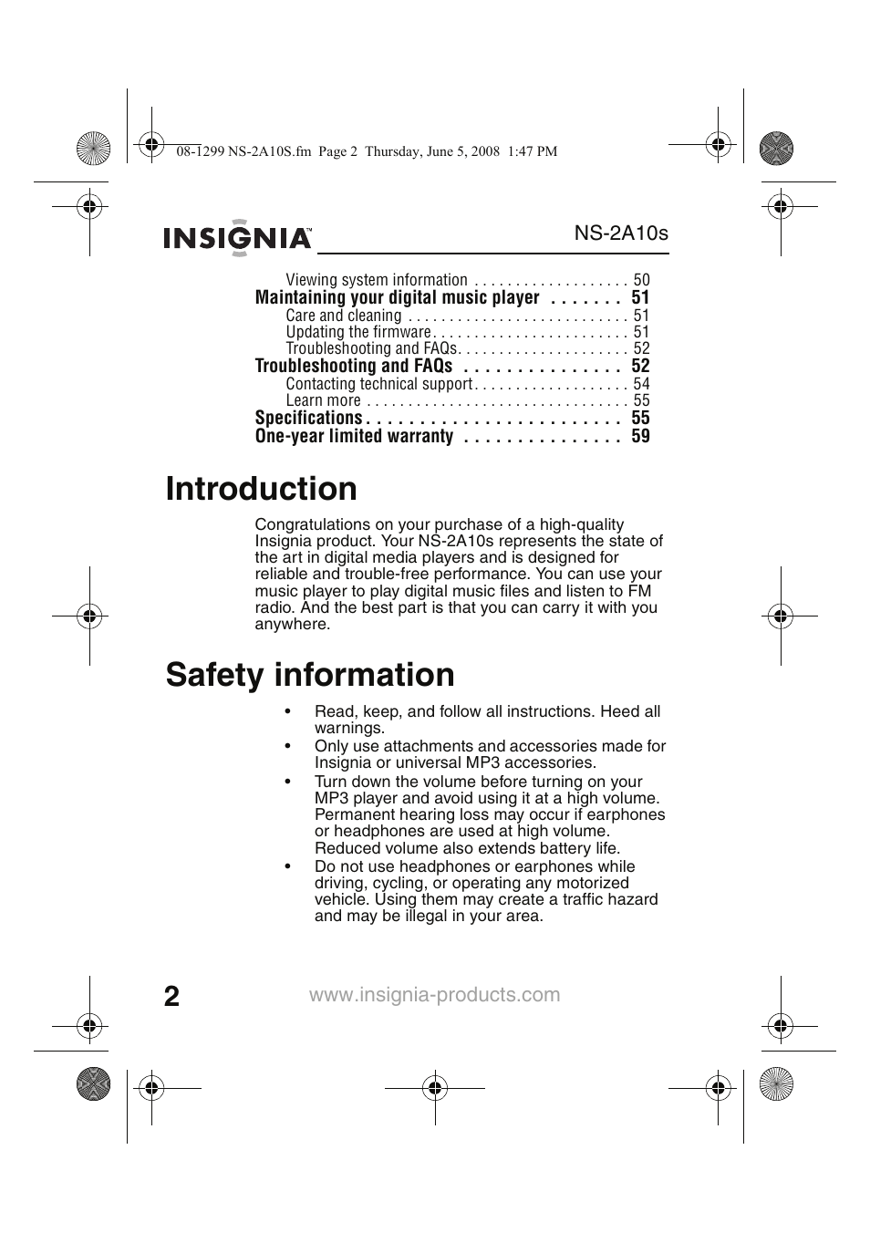 Introduction, Safety information | Insignia Kix NS-2A10S User Manual | Page 4 / 64
