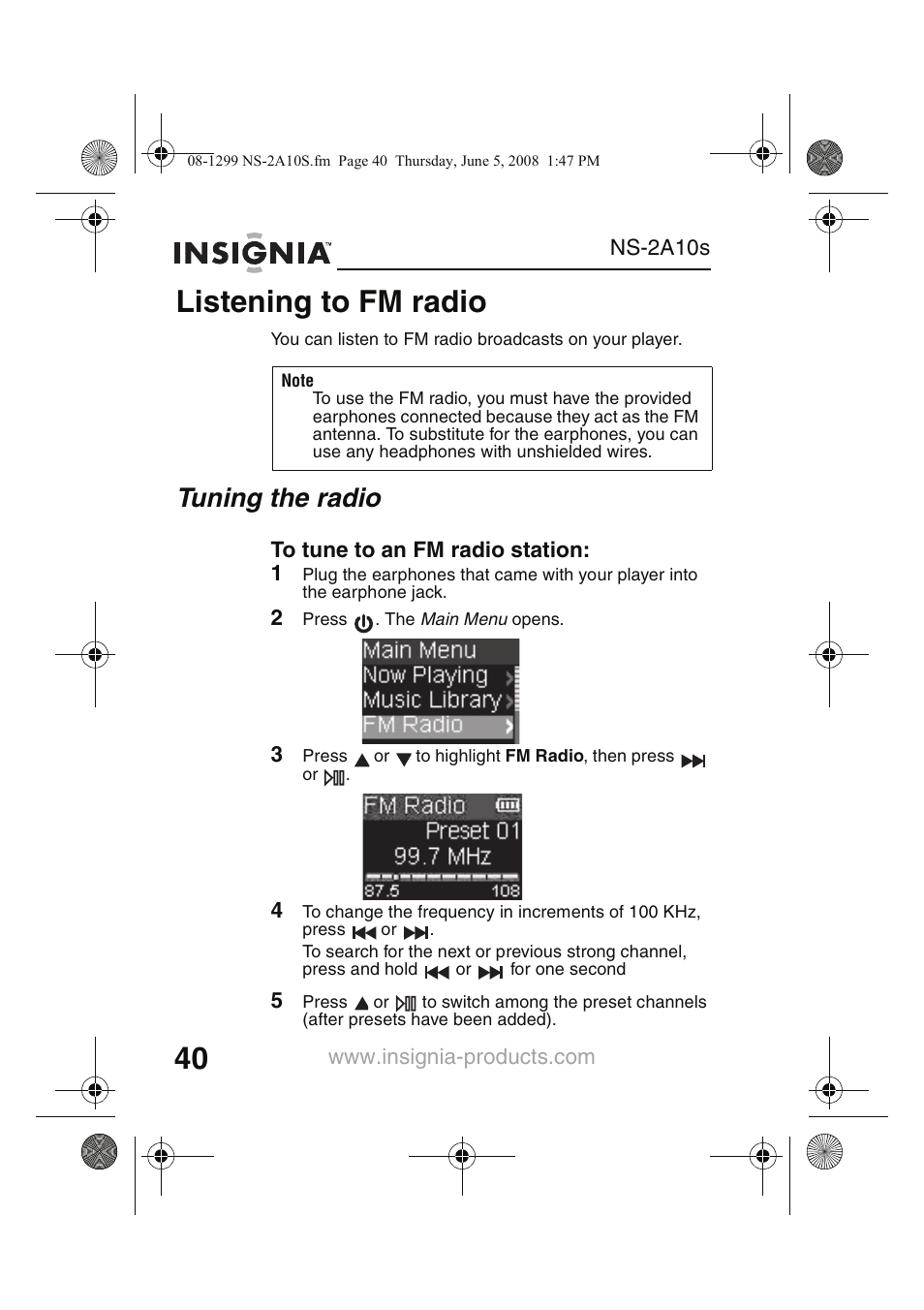 Listening to fm radio, Tuning the radio | Insignia Kix NS-2A10S User Manual | Page 42 / 64