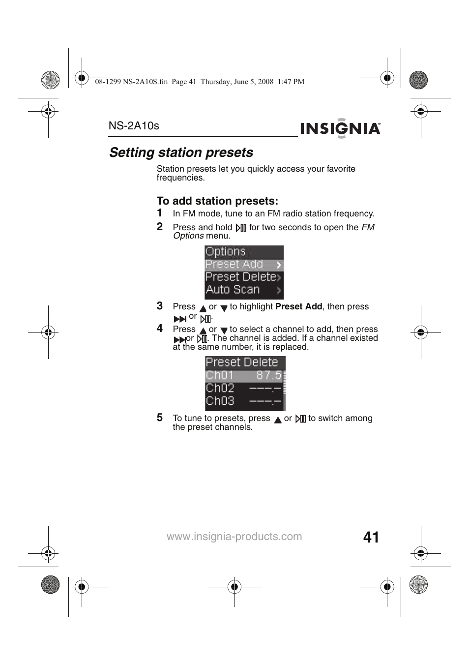 Setting station presets | Insignia Kix NS-2A10S User Manual | Page 43 / 64