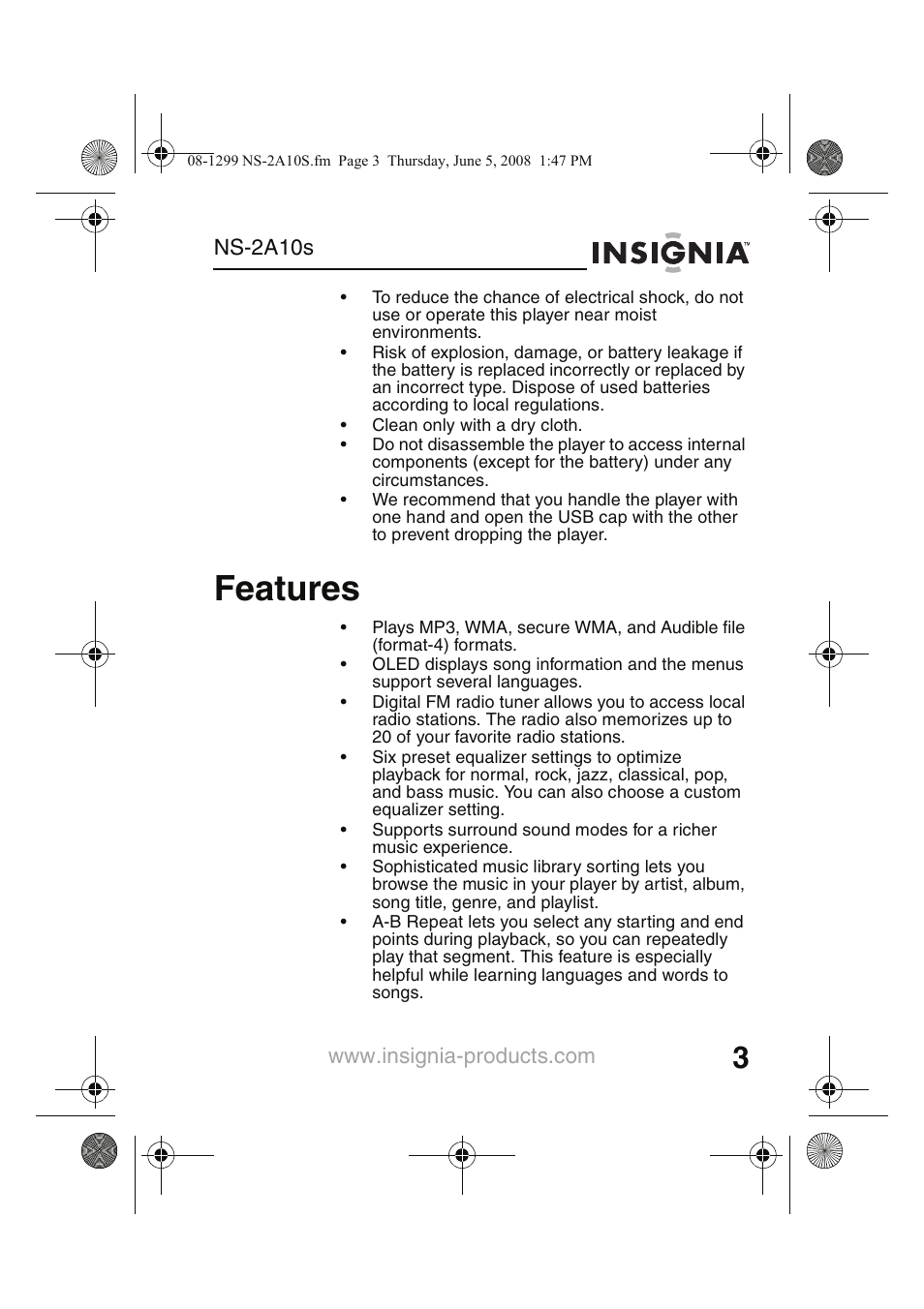 Features, Ns-2a10s | Insignia Kix NS-2A10S User Manual | Page 5 / 64