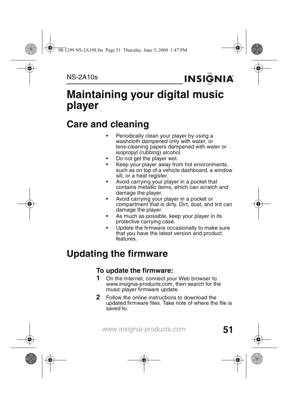 Maintaining your digital music player, Care and cleaning, Updating the firmware | Insignia Kix NS-2A10S User Manual | Page 53 / 64
