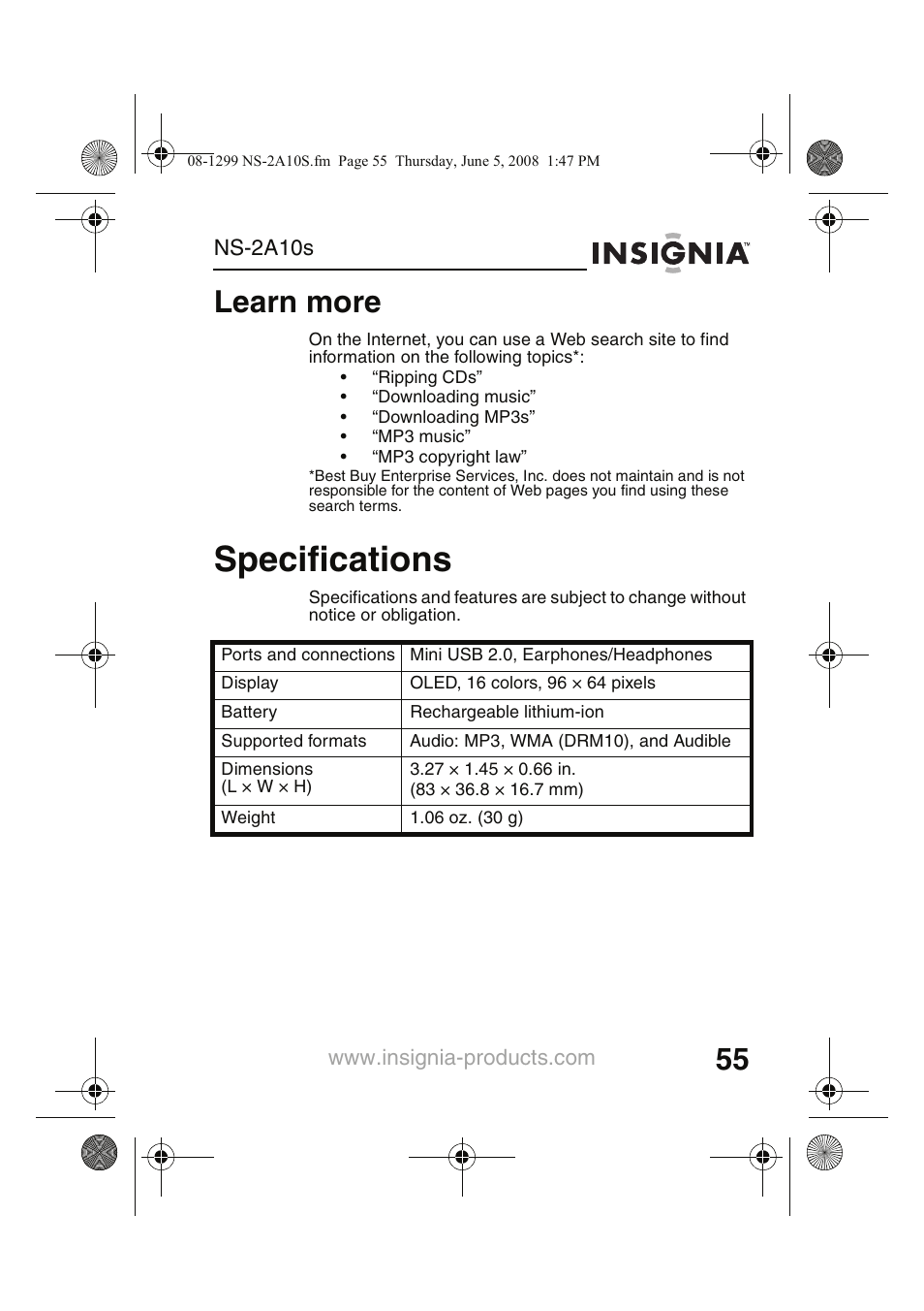 Specifications, Learn more | Insignia Kix NS-2A10S User Manual | Page 57 / 64