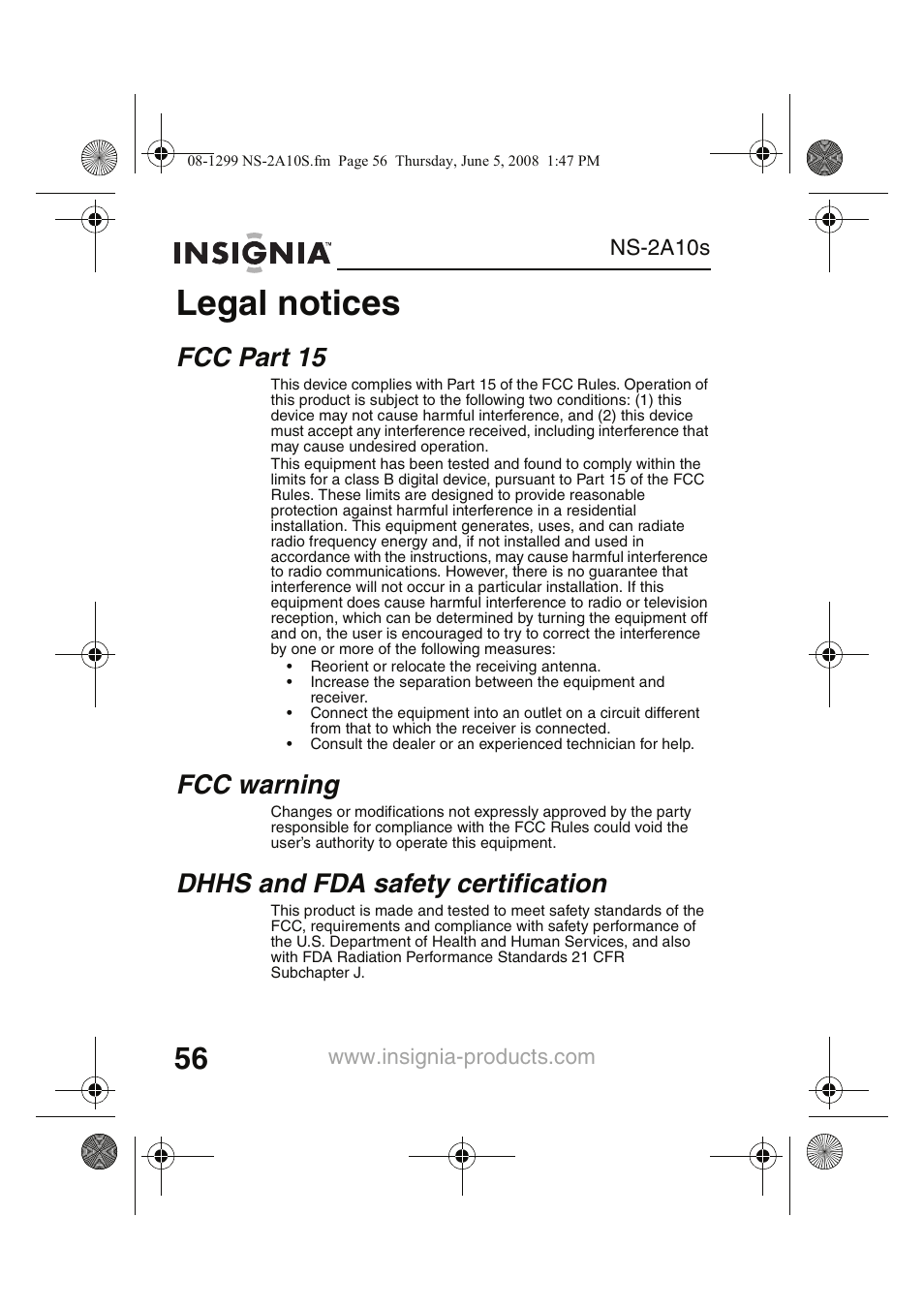 Legal notices, Fcc part 15, Fcc warning | Dhhs and fda safety certification | Insignia Kix NS-2A10S User Manual | Page 58 / 64