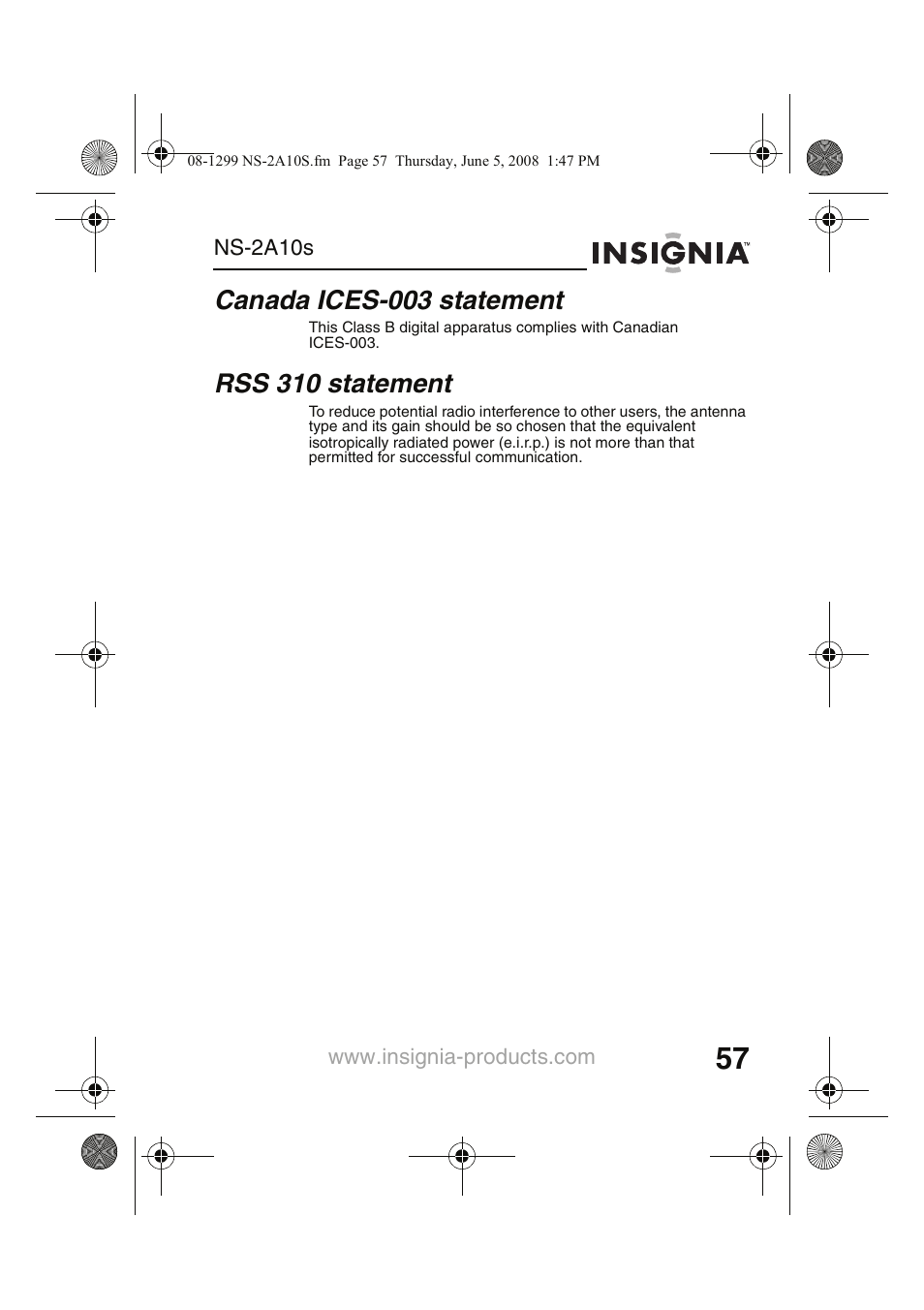 Canada ices-003 statement, Rss 310 statement | Insignia Kix NS-2A10S User Manual | Page 59 / 64