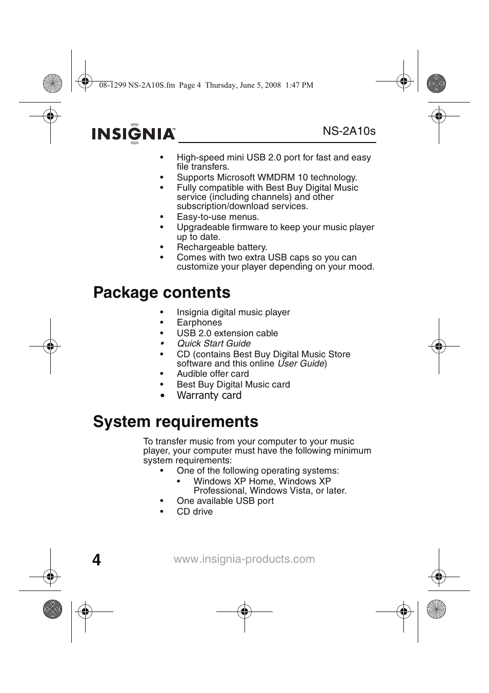 Package contents, System requirements | Insignia Kix NS-2A10S User Manual | Page 6 / 64
