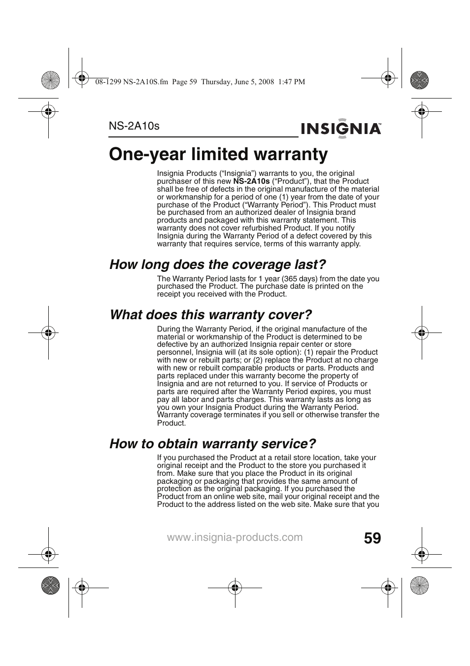 One-year limited warranty, How long does the coverage last, What does this warranty cover | How to obtain warranty service | Insignia Kix NS-2A10S User Manual | Page 61 / 64