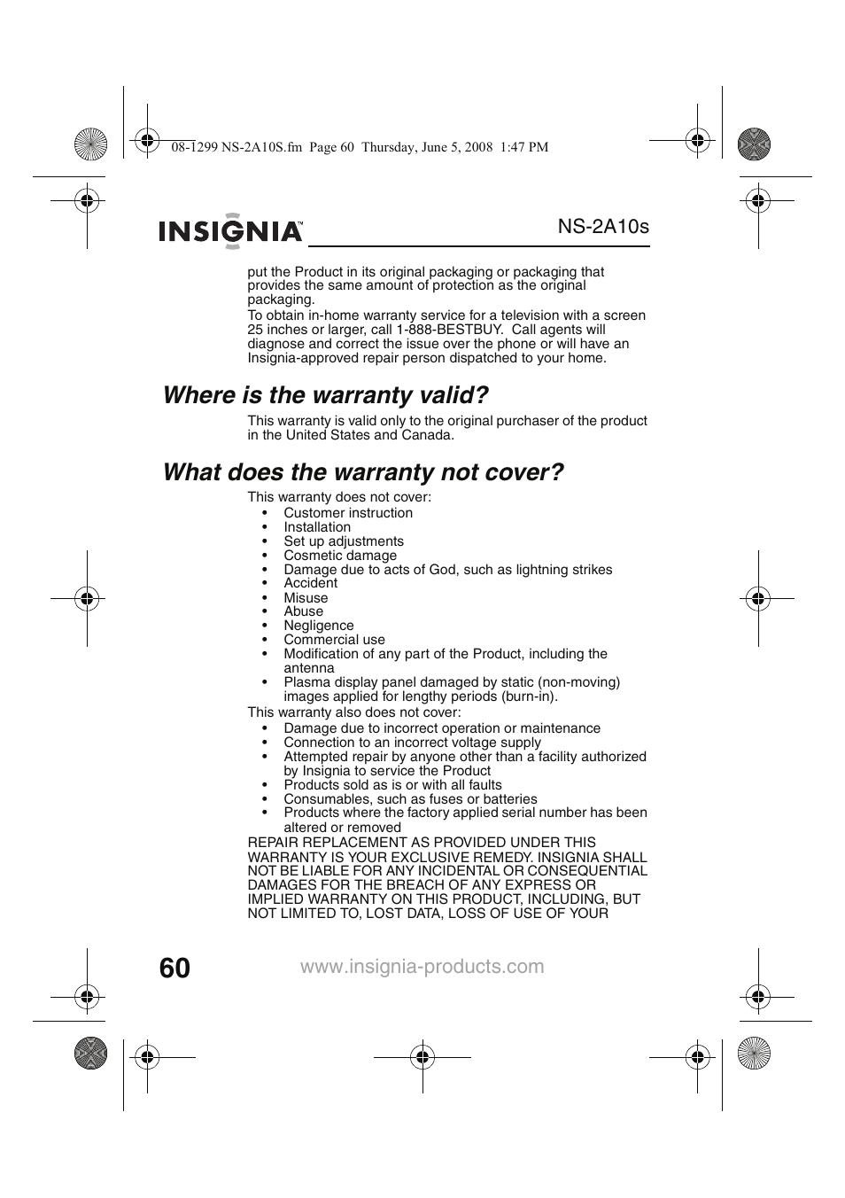 Where is the warranty valid, What does the warranty not cover | Insignia Kix NS-2A10S User Manual | Page 62 / 64