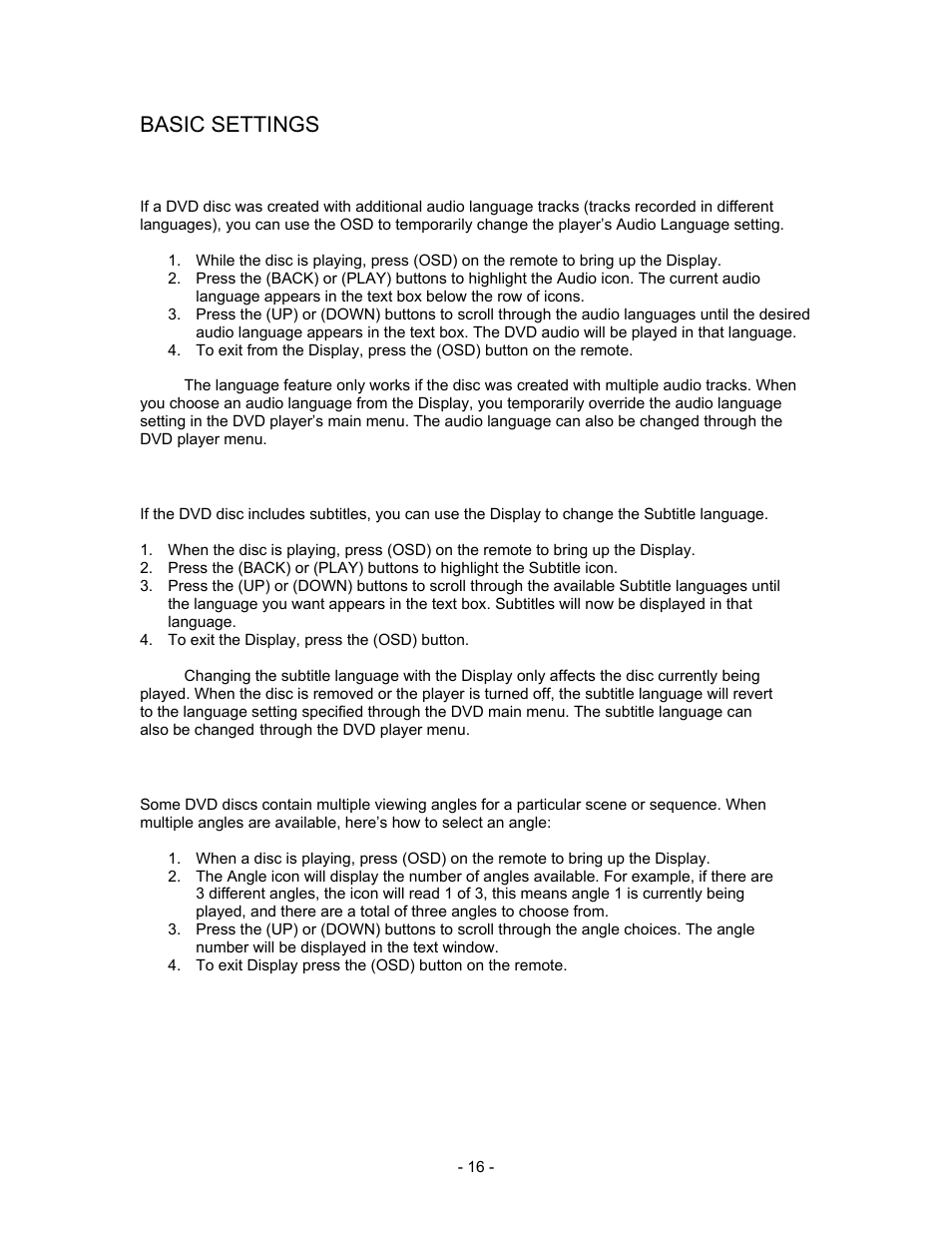 Basic settings, Changing the audio language, Selecting the subtitle language | Insignia I-PD1020 User Manual | Page 16 / 37