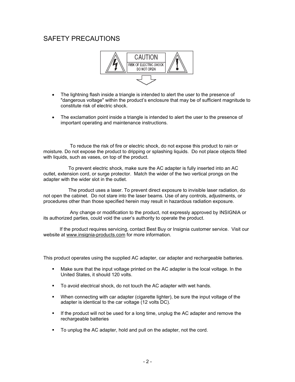 Safety precautions, Power sources | Insignia I-PD1020 User Manual | Page 2 / 37