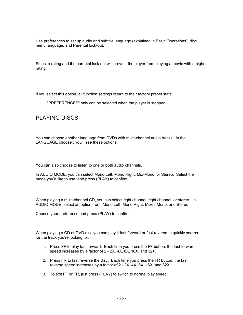 Parental lock-out, Resetting player to default, Playing discs | Insignia I-PD1020 User Manual | Page 25 / 37