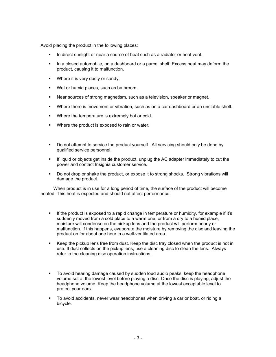 Where to place the player, For safety, Lens and pickup maintenance | When using headphones | Insignia I-PD1020 User Manual | Page 3 / 37