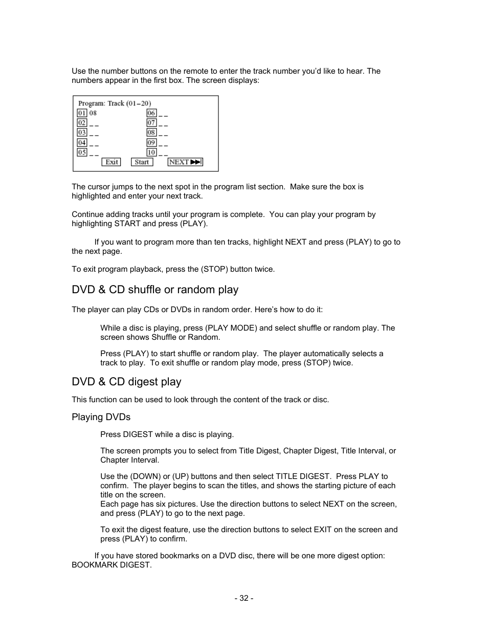 Dvd & cd shuffle or random play, Dvd & cd digest play | Insignia I-PD1020 User Manual | Page 32 / 37