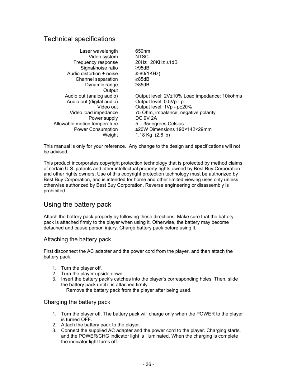 Technical specifications, Using the battery pack | Insignia I-PD1020 User Manual | Page 36 / 37