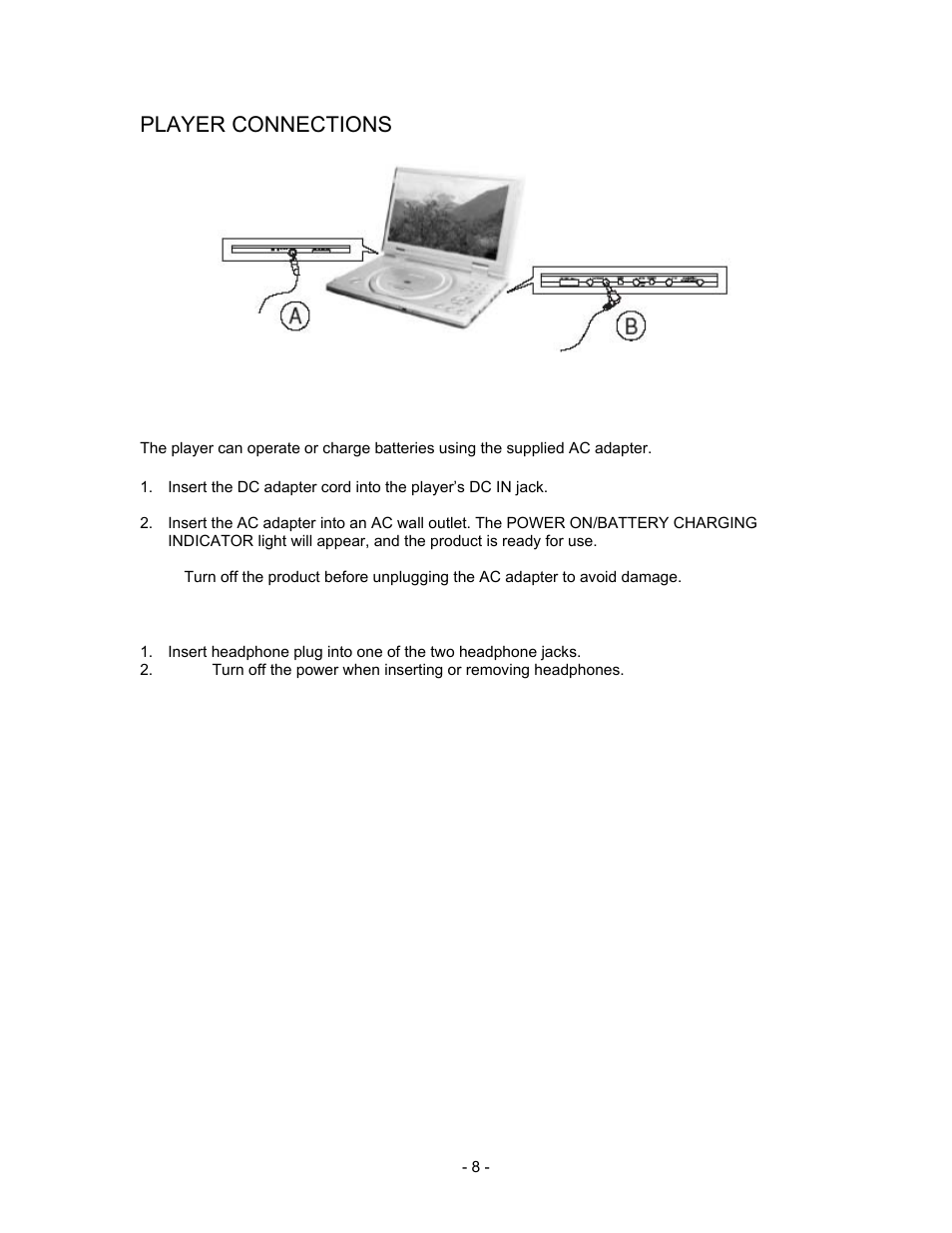 Player connections, Headphones (b) | Insignia I-PD1020 User Manual | Page 8 / 37