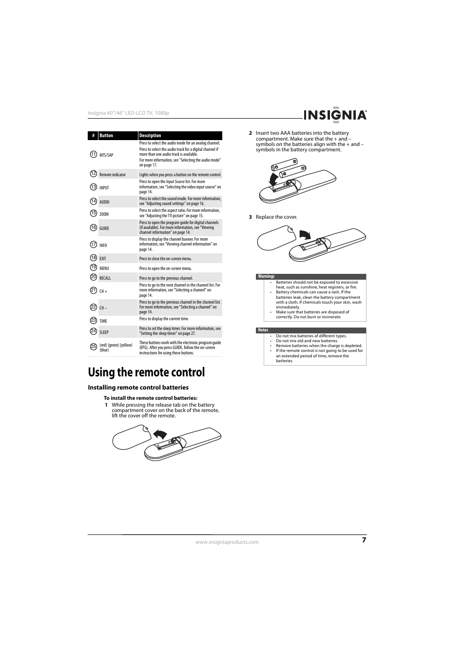 Using the remote control, Installing remote control batteries | Insignia NS-46E560A11 User Manual | Page 11 / 40