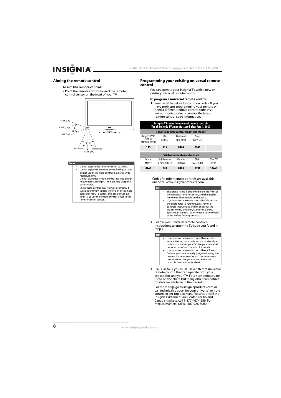 Aiming the remote control, Programming your existing universal remote control | Insignia NS-46E560A11 User Manual | Page 12 / 40