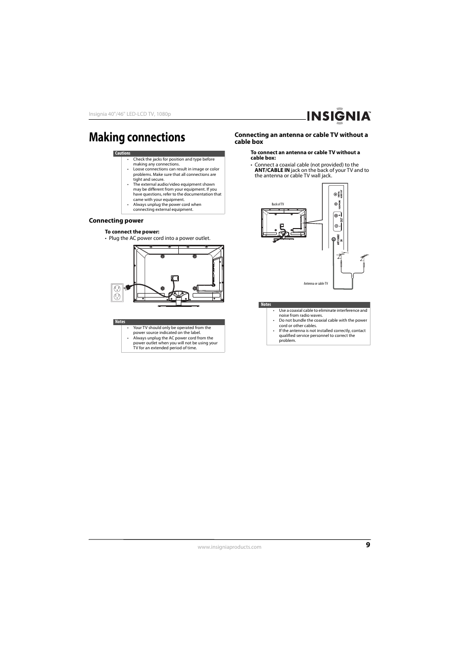 Making connections, Connecting power | Insignia NS-46E560A11 User Manual | Page 13 / 40