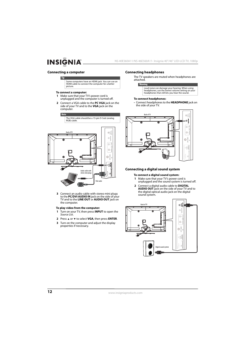 Connecting a computer, Connecting headphones, Connecting a digital sound system | See “connecting a digital sound system, Ee “connecting headphones, Connecting a computer” on | Insignia NS-46E560A11 User Manual | Page 16 / 40