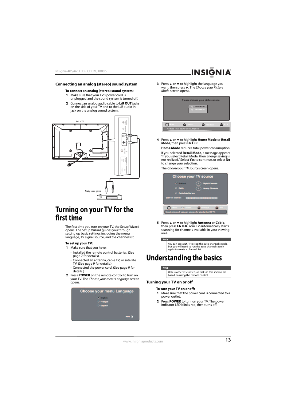 Connecting an analog (stereo) sound system, Turning on your tv for the first time, Understanding the basics | Turning your tv on or off, Ee “connecting an analog (stereo) sound system | Insignia NS-46E560A11 User Manual | Page 17 / 40