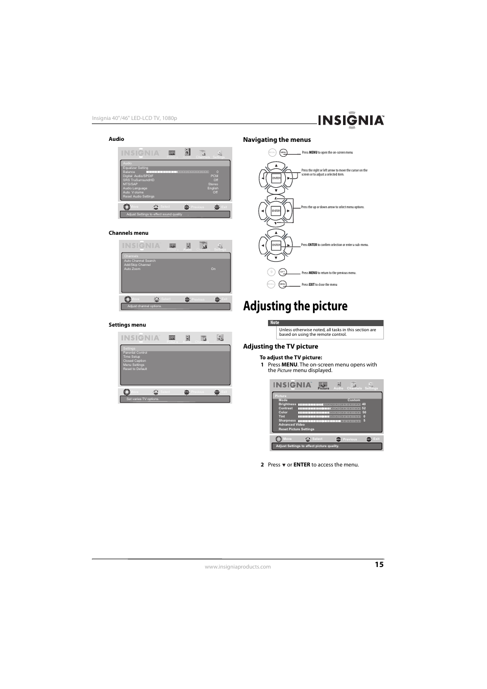 Navigating the menus, Adjusting the picture, Adjusting the tv picture | E “adjusting the tv picture” o, Ee “adjusting the tv picture” o | Insignia NS-46E560A11 User Manual | Page 19 / 40