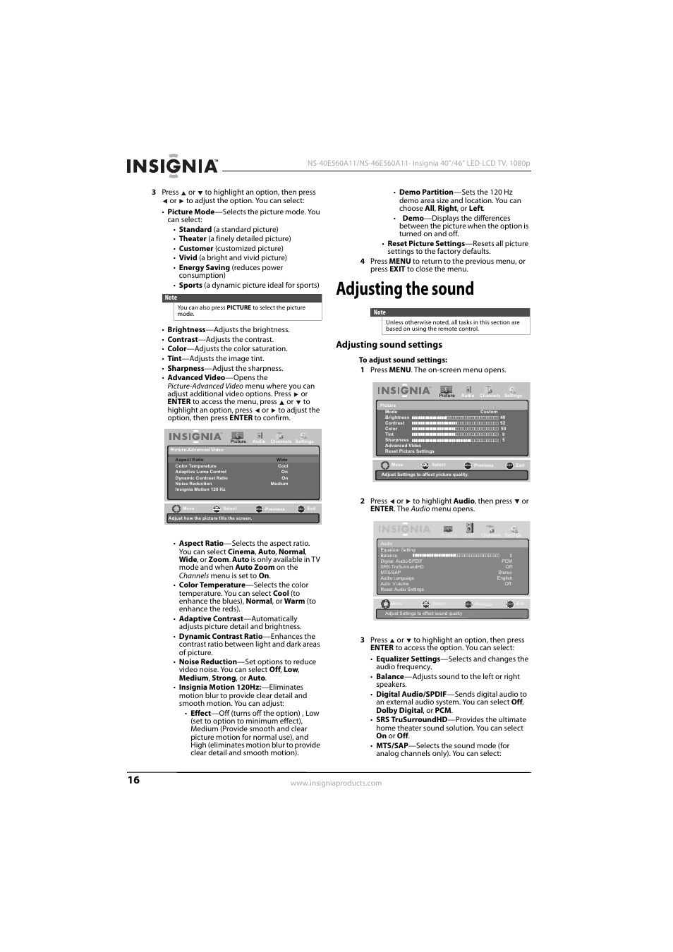 Adjusting the sound, Adjusting sound settings | Insignia NS-46E560A11 User Manual | Page 20 / 40