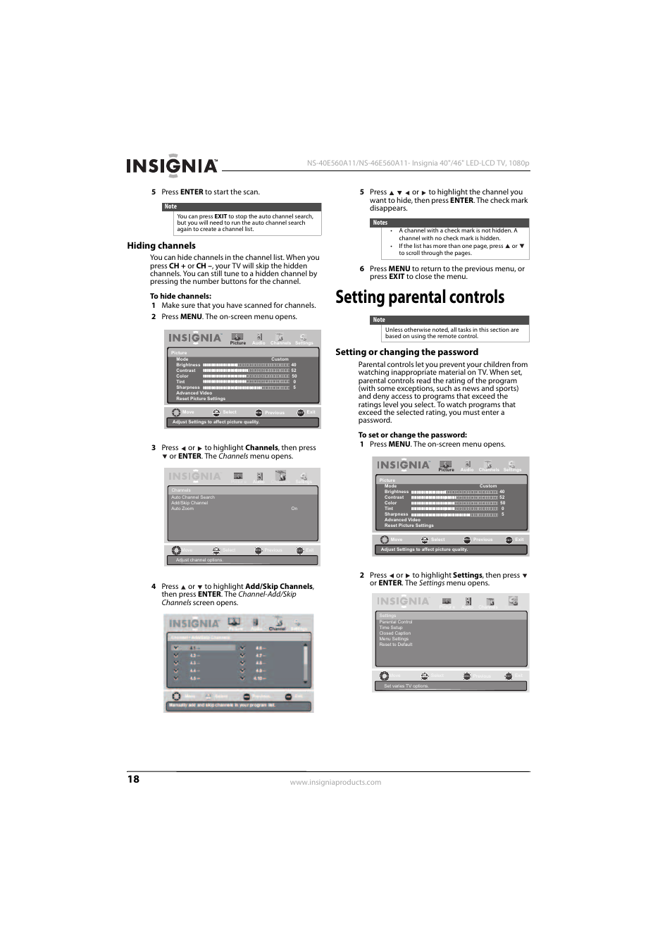 Hiding channels, Setting parental controls, Setting or changing the password | Insignia NS-46E560A11 User Manual | Page 22 / 40