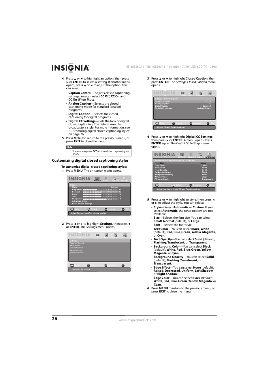 Customizing digital closed captioning styles | Insignia NS-46E560A11 User Manual | Page 30 / 40
