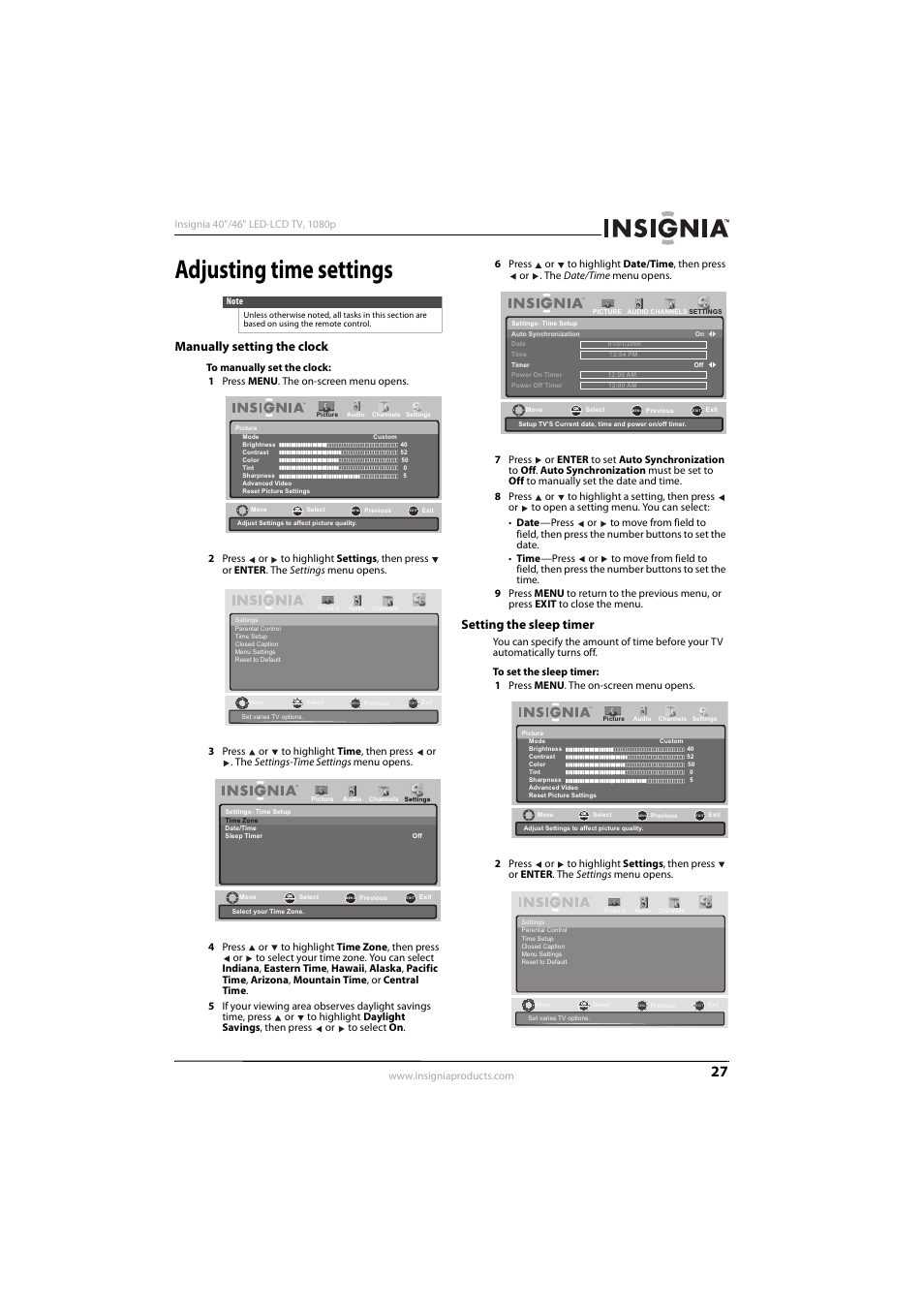 Adjusting time settings, Manually setting the clock, Setting the sleep timer | Manually setting the clock setting the sleep timer | Insignia NS-46E560A11 User Manual | Page 31 / 40