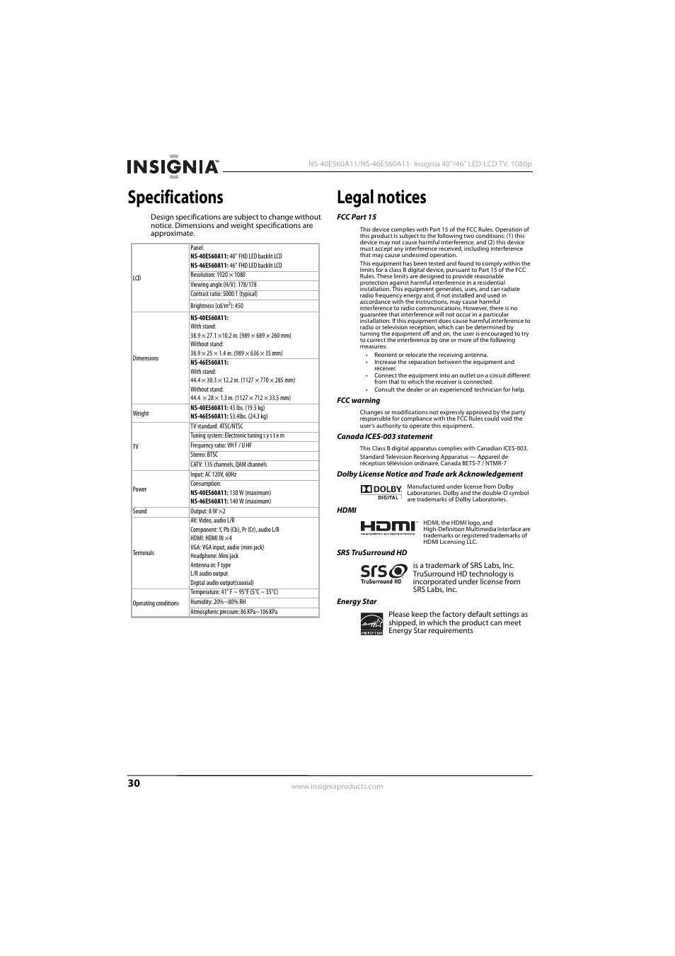 Specifications, Legal notices | Insignia NS-46E560A11 User Manual | Page 34 / 40