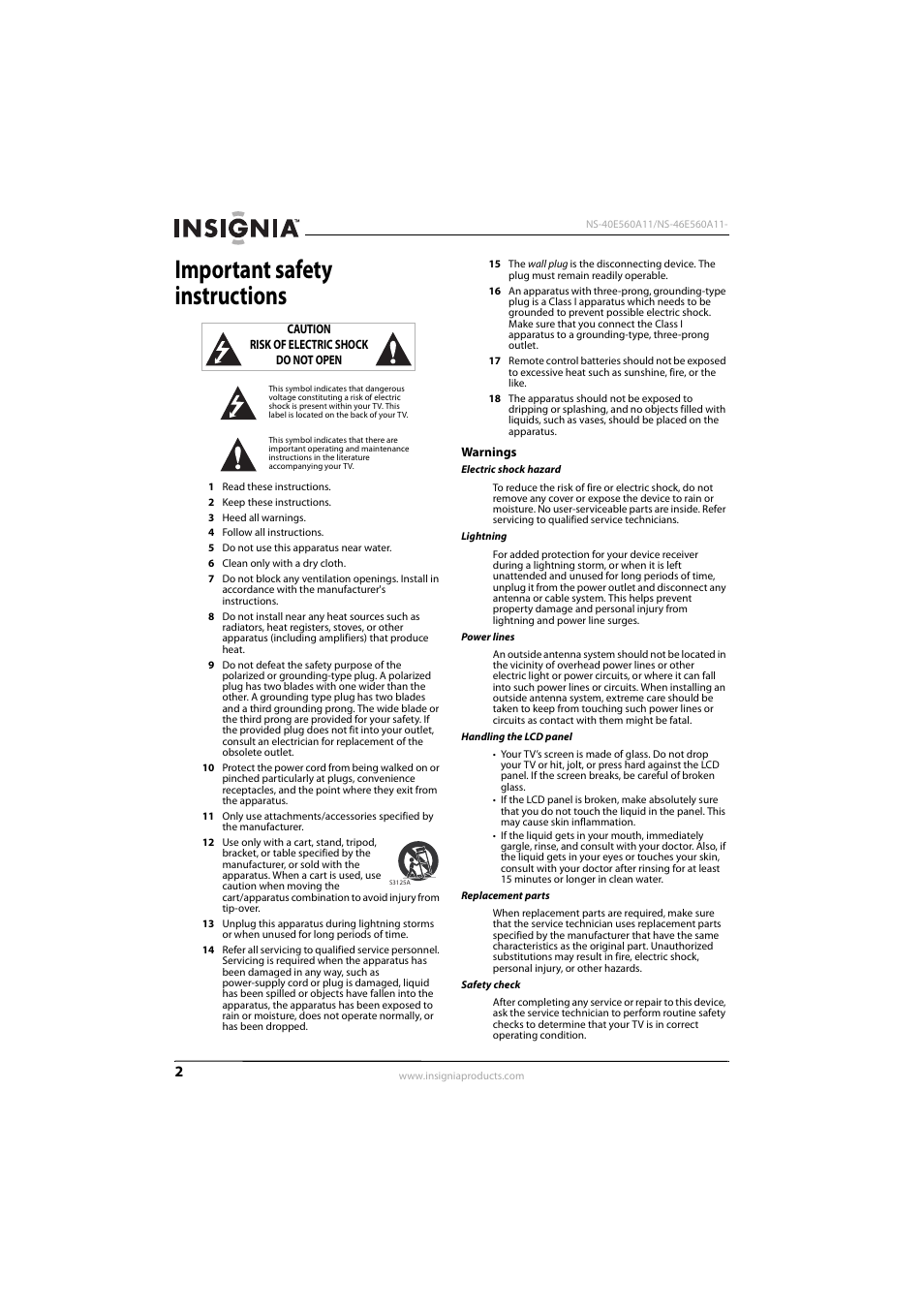 Important safety instructions, Warnings | Insignia NS-46E560A11 User Manual | Page 6 / 40