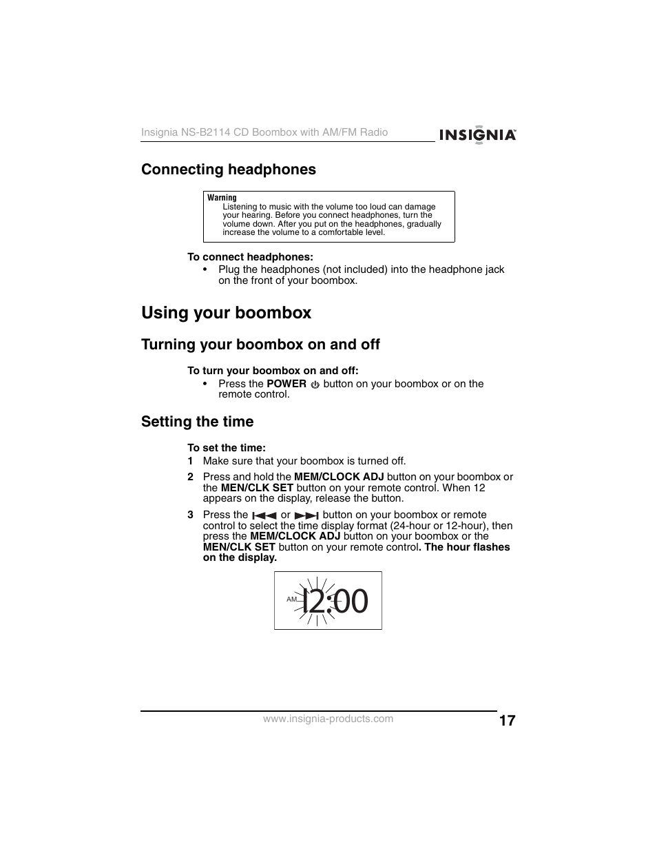 I2:00, Using your boombox, Connecting headphones | Turning your boombox on and off, Setting the time | Insignia NS-B2114 User Manual | Page 17 / 98
