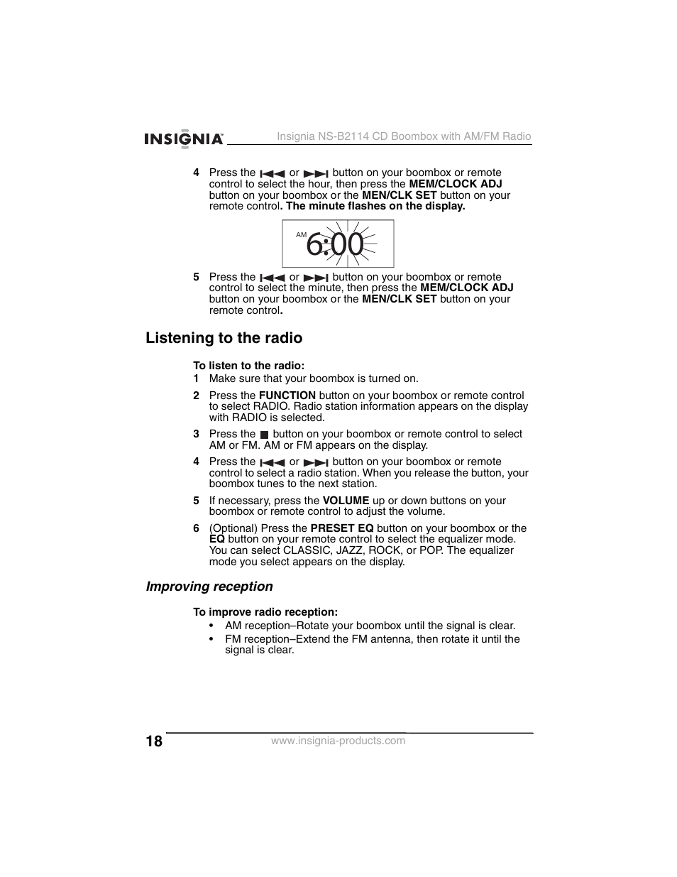 Listening to the radio | Insignia NS-B2114 User Manual | Page 18 / 98
