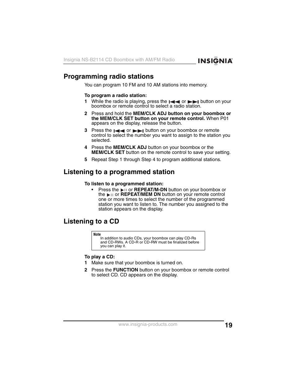 Programming radio stations, Listening to a programmed station, Listening to a cd | Insignia NS-B2114 User Manual | Page 19 / 98