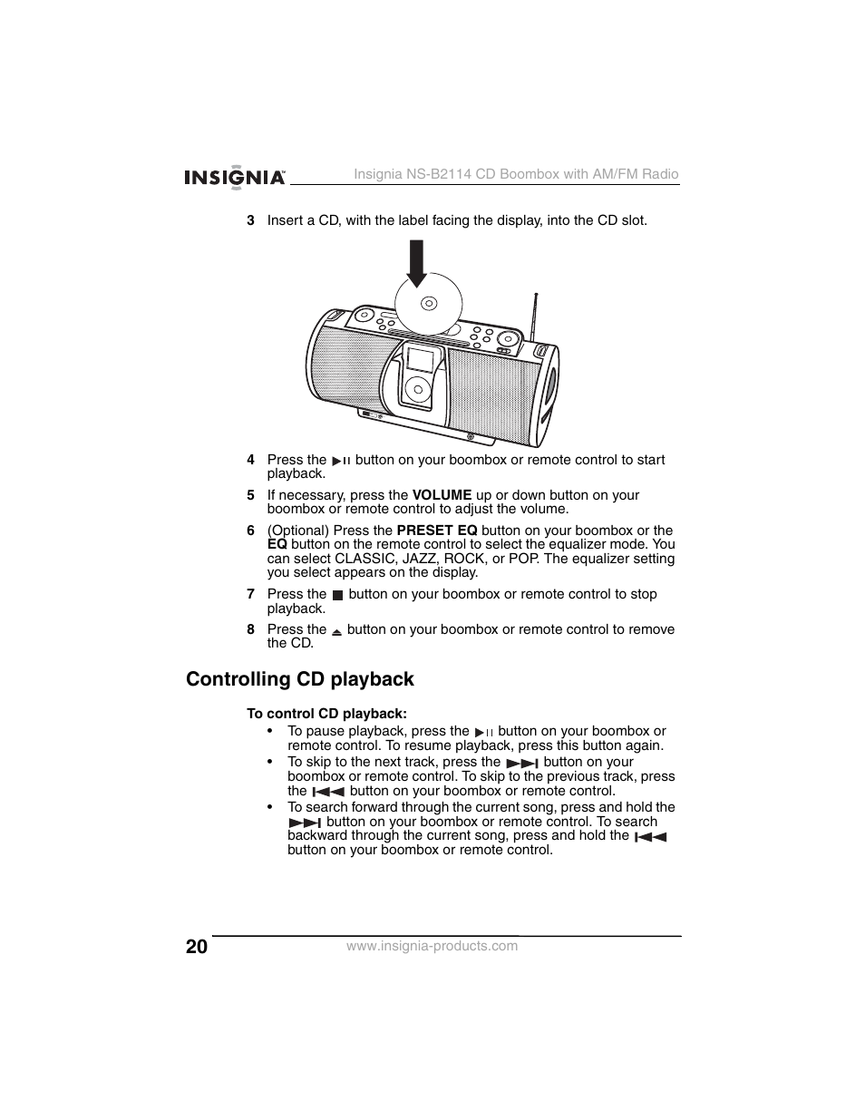 Controlling cd playback | Insignia NS-B2114 User Manual | Page 20 / 98