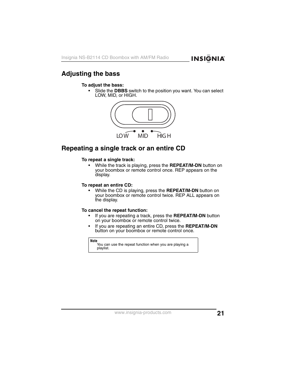 Adjusting the bass, Repeating a single track or an entire cd, Low mid hig h | Insignia NS-B2114 User Manual | Page 21 / 98