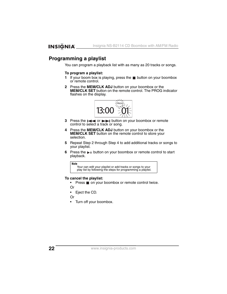 Programming a playlist | Insignia NS-B2114 User Manual | Page 22 / 98