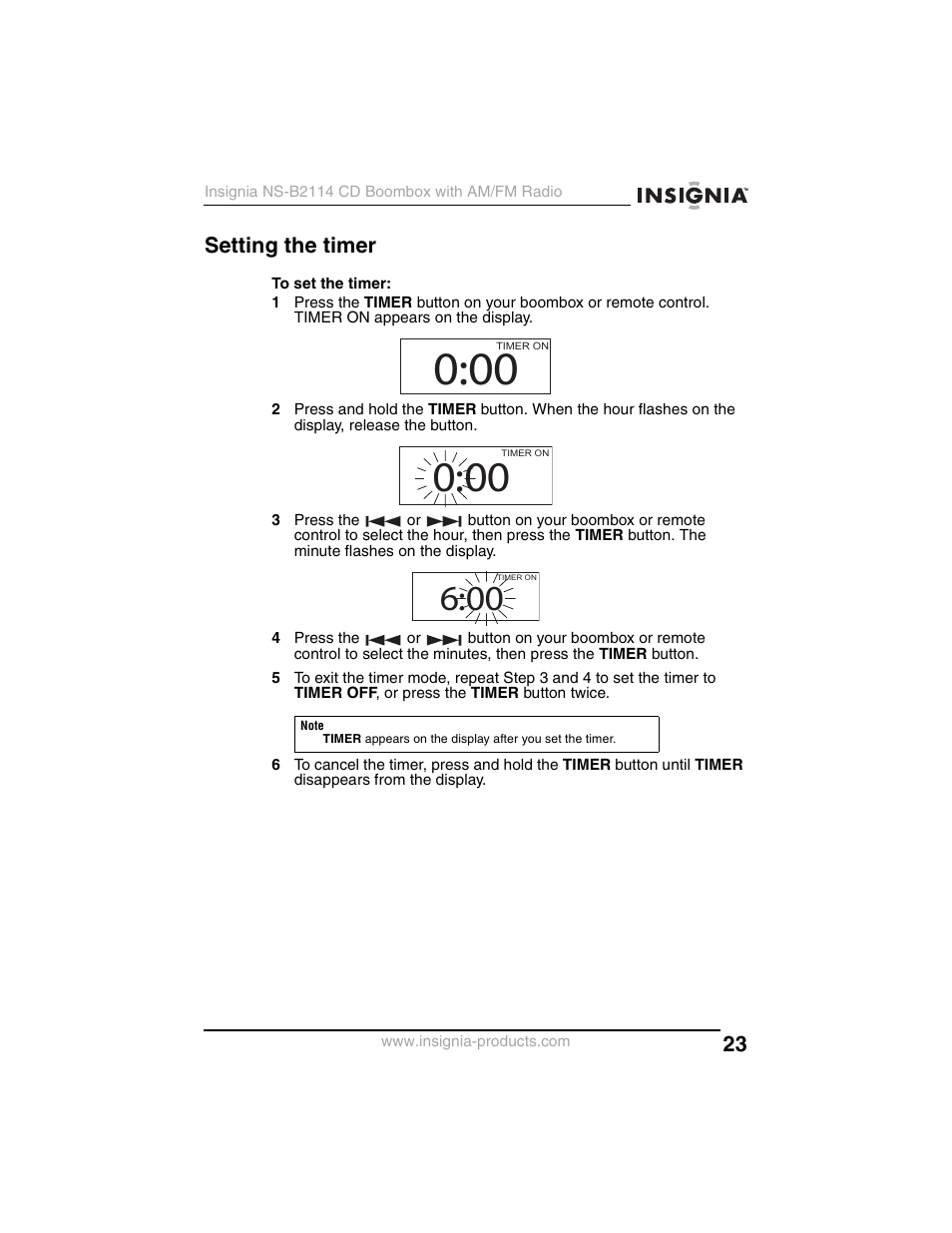 Setting the timer | Insignia NS-B2114 User Manual | Page 23 / 98