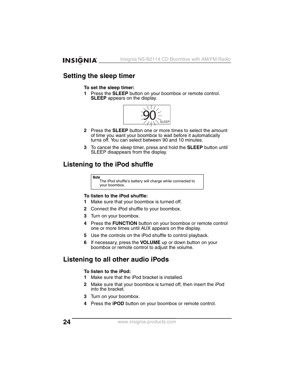 Setting the sleep timer, Listening to the ipod shuffle, Listening to all other audio ipods | Insignia NS-B2114 User Manual | Page 24 / 98