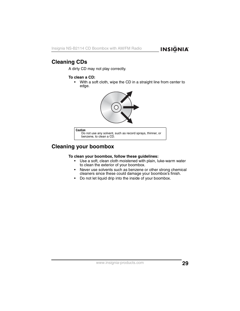 Cleaning cds, Cleaning your boombox | Insignia NS-B2114 User Manual | Page 29 / 98