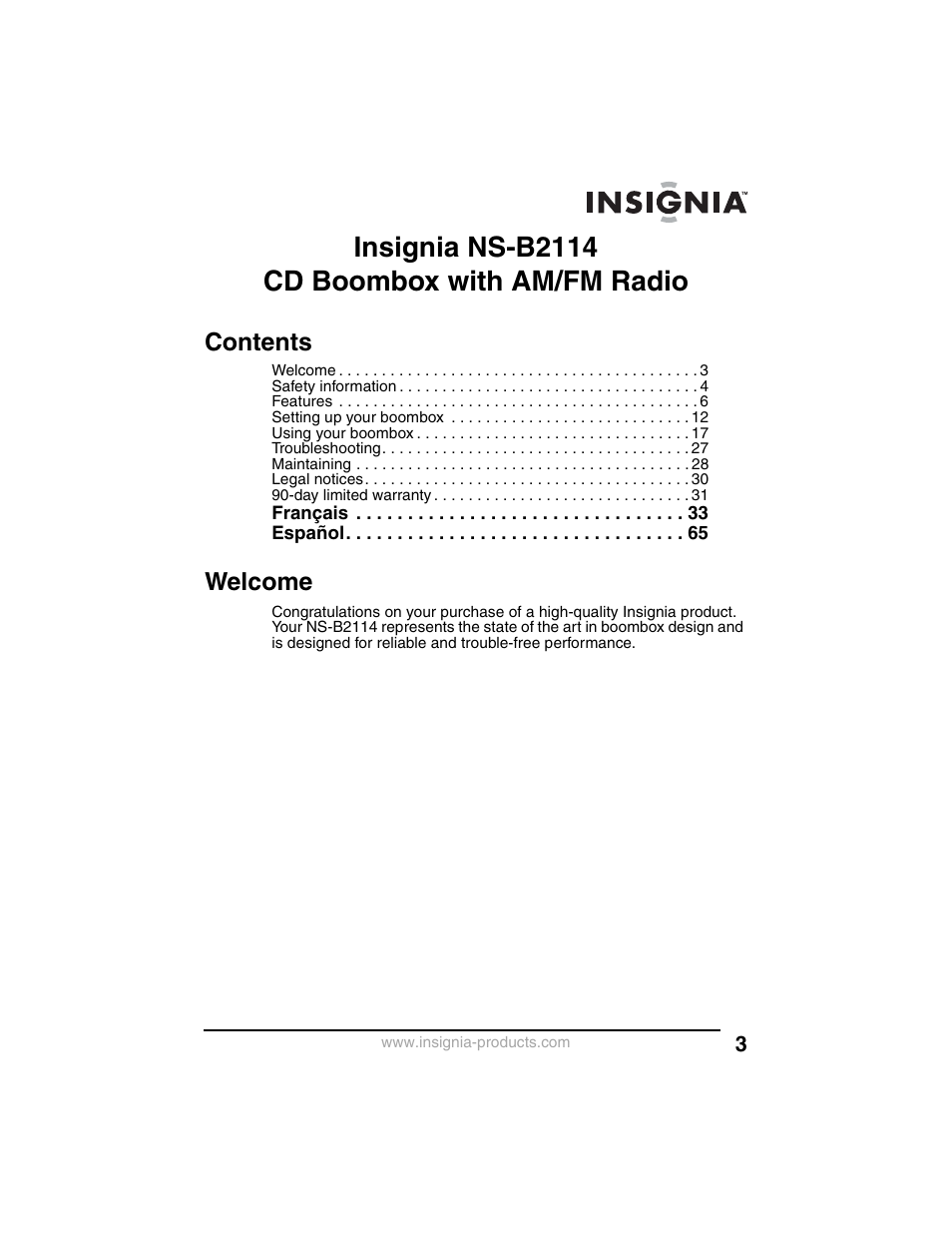 Insignia ns-b2114 cd boombox with am/fm radio | Insignia NS-B2114 User Manual | Page 3 / 98